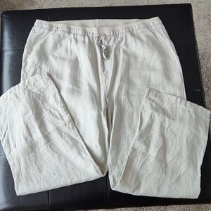 Ellen Tracy Cream Linen Wide Leg Pants with Elastic Waistband XXL
